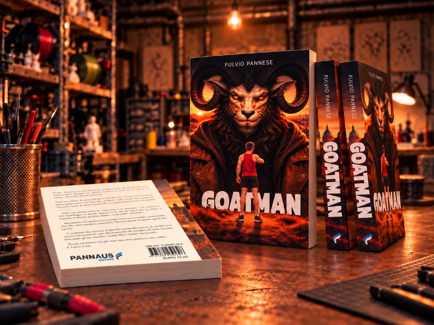 Copie di Goatman sul banco del laboratorio di Fulvio